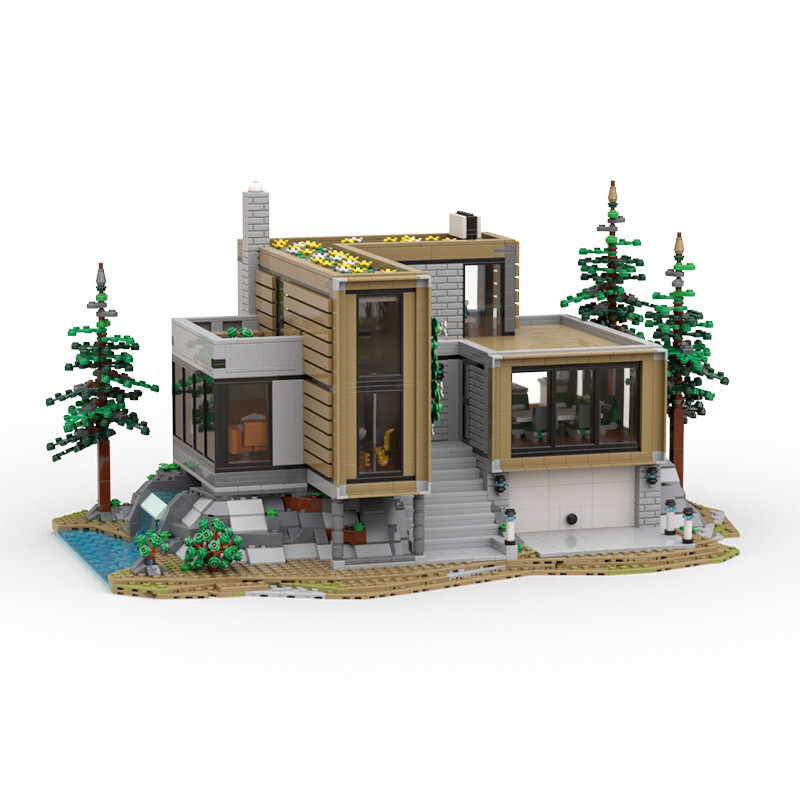 MOC Modern House Forest Villa with Interior Building Blocks Set Model Bricks Toy