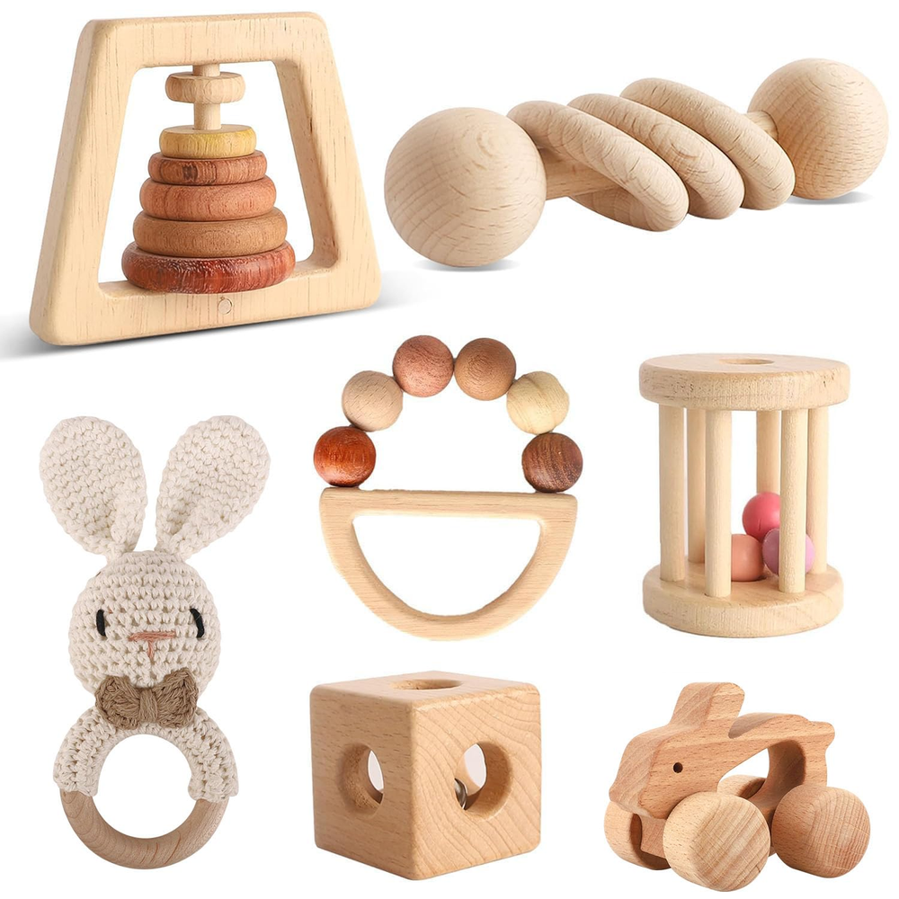 Wooden Toys for Babies, 7PCS Wooden Baby Rattle for 7-24 Months Boys Girls, Natu