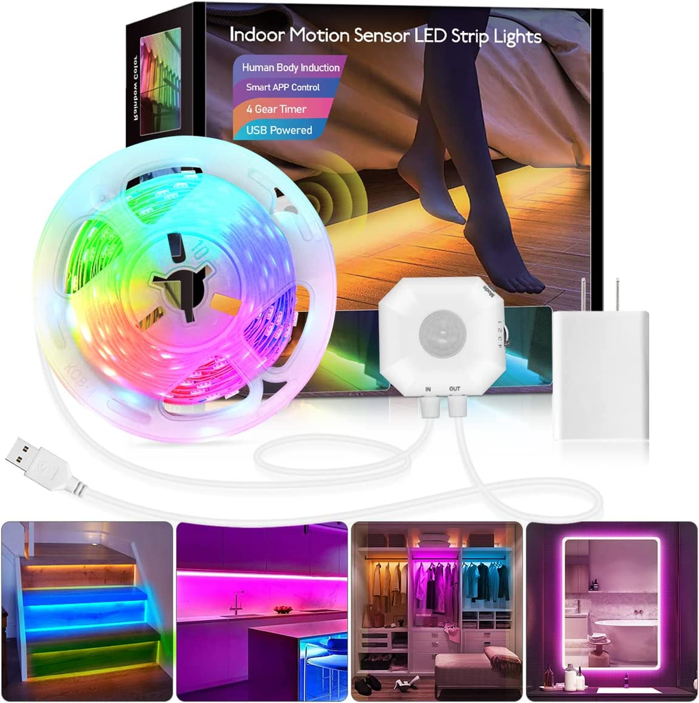 Motion Activated LED Strip Lights, 9.8ft RGB Motion Sensor Under Bed Lights