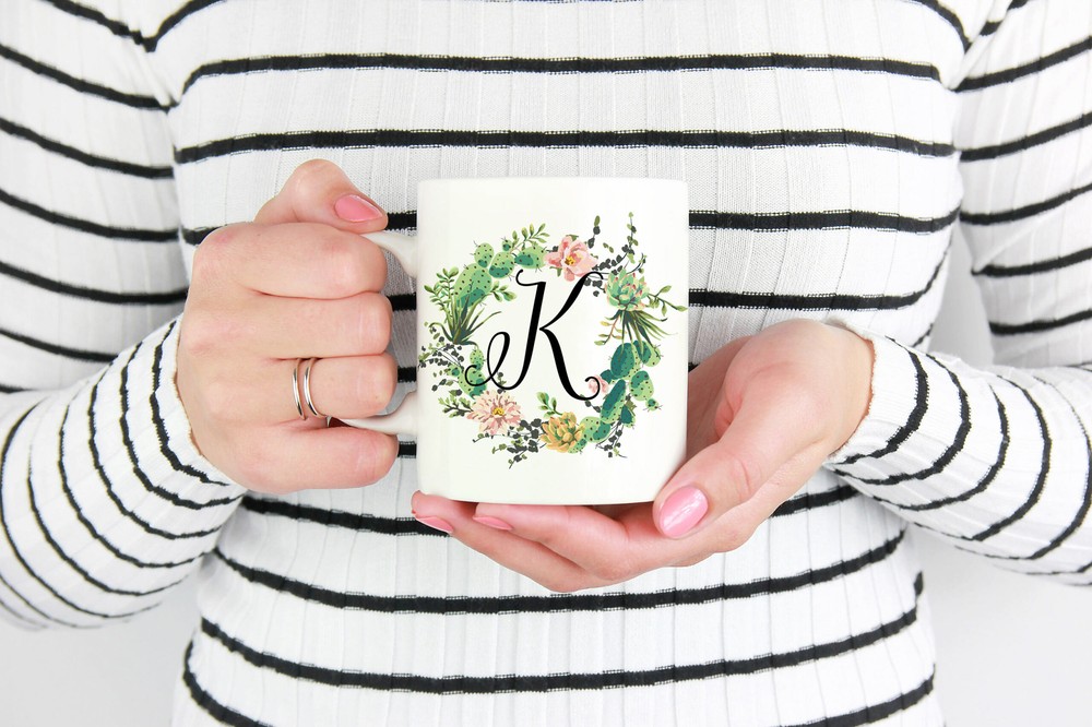 Floral Monogram Custom Monogram Mug Floral Mug Monogram Mug Floral Wreath