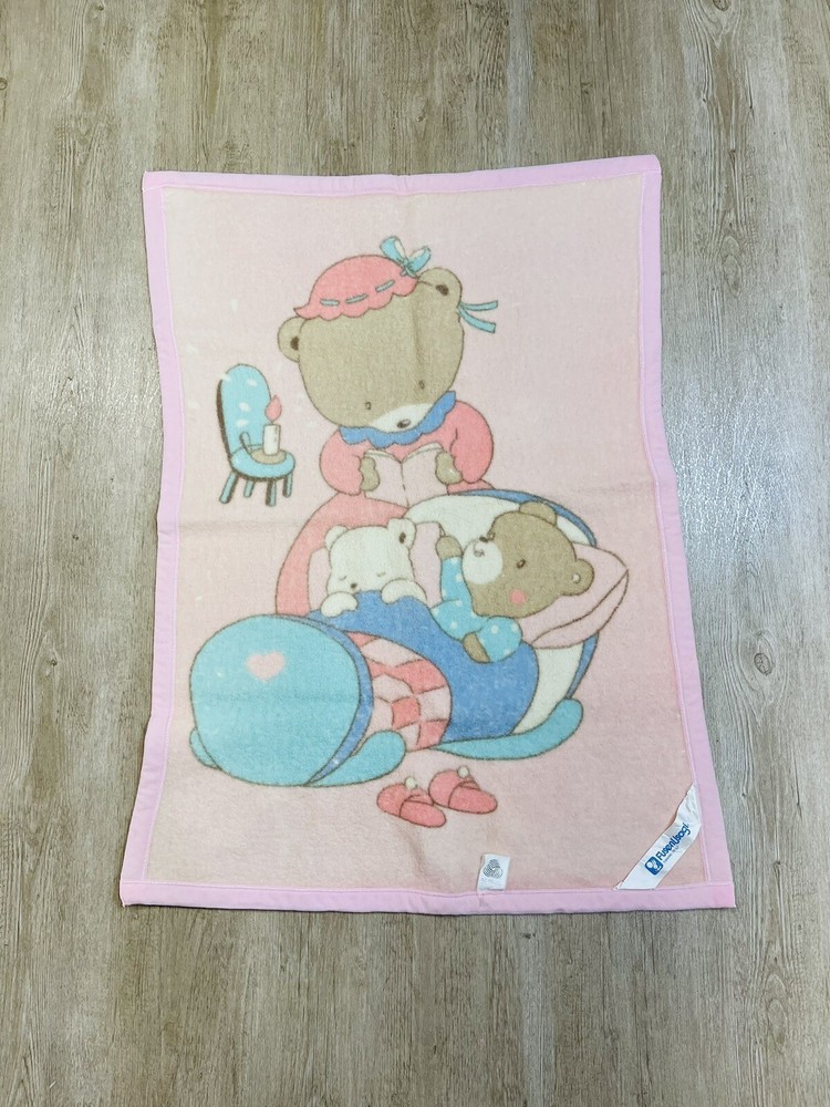 Vintage Rare Fusen Usagi Wool Baby blanket Bears Bed Time Stories 31'' x 41''