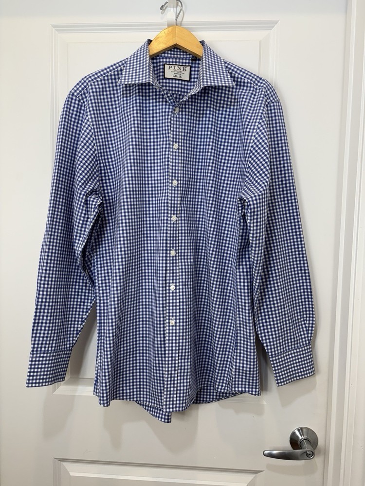 Thomas Pink Jermyn St. London 17.5 35.5 Slim Fit Travel Dress Shirt Blue Check