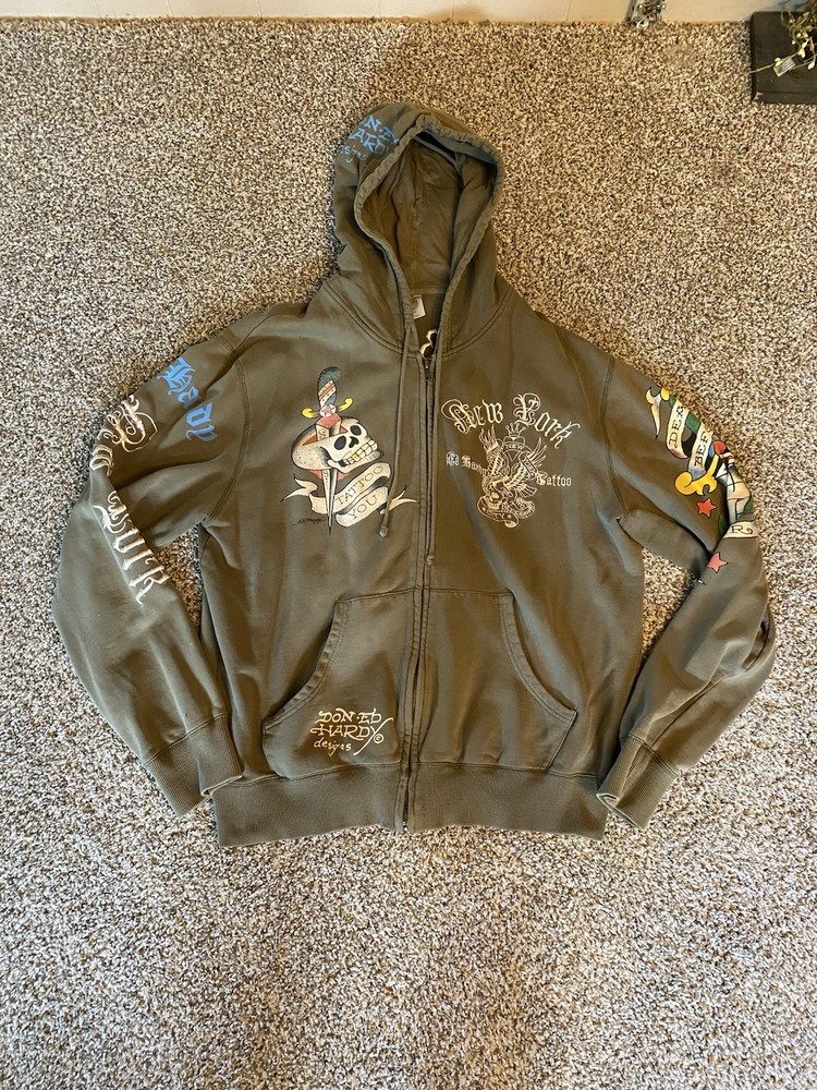 VTG Ed Hardy Christian Audigier Green Embroidered Screenprint Full Zip Hoodie