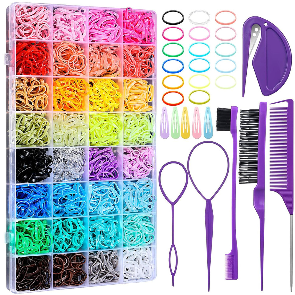 32 Colors Small Hair Rubber Bands with 16 Styling Tools, 2000 Pcs Elastic Girl B