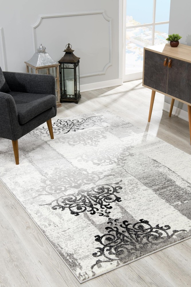 Modern Abstract Fractal Grey Black Indoor Area Rug for Living Room or Bedroom