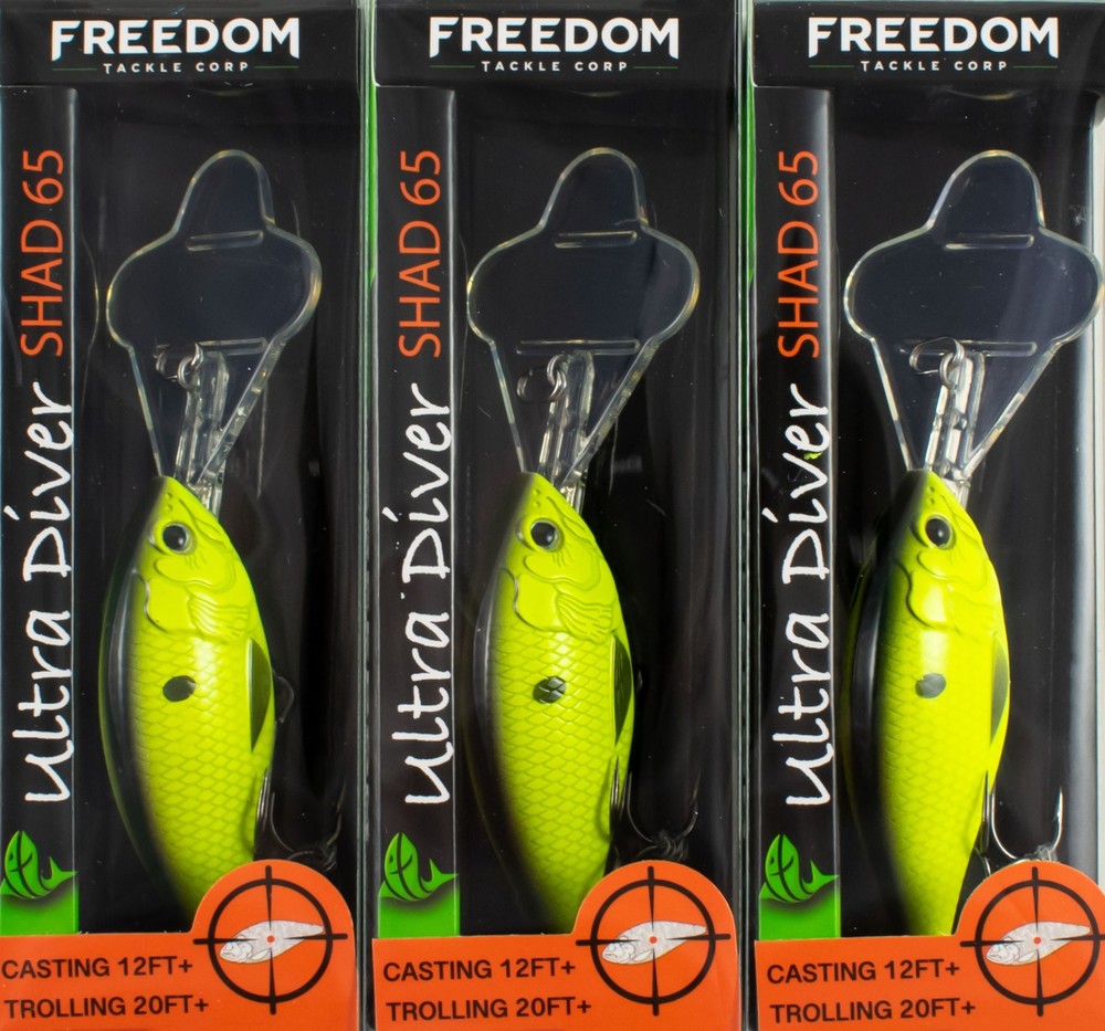 (LOT OF 3) FREEDOM TACKLE ULTRA DIVER SHAD 65 3/8OZ BLCK CHRTREUSE #43112 CO6361