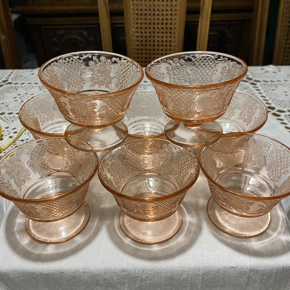 Vintage 8-Footed SHERBET Dishes in NORMANDIE PINK Depression Glass by FEDERAL, Retro Collectible Tableware