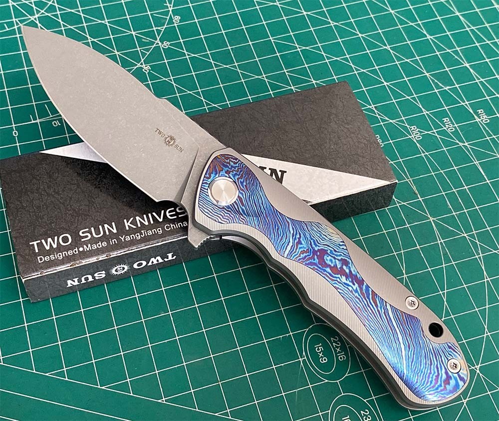TWOSUN KNIFE Titanium inlay TiDamascus HANDLE M390 EDGE TS511-M390-TIMASCUS