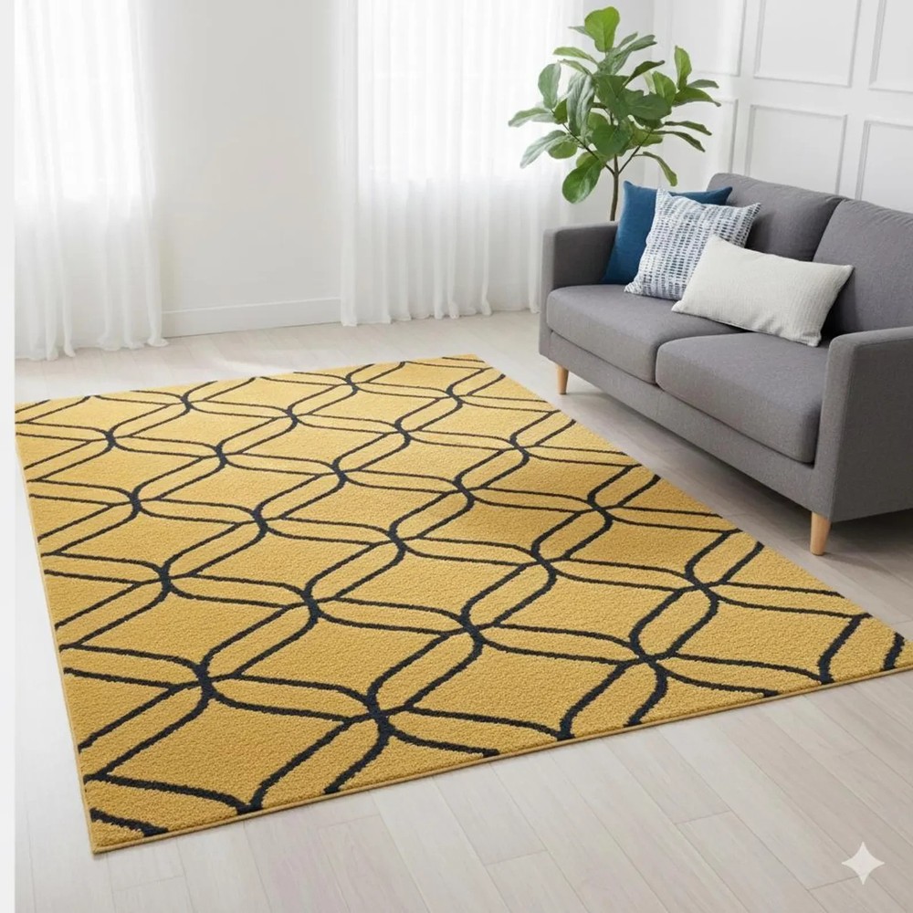 Modern Geomatric Contemporary Mustard Yellow Carpet with Black Line Pattern,