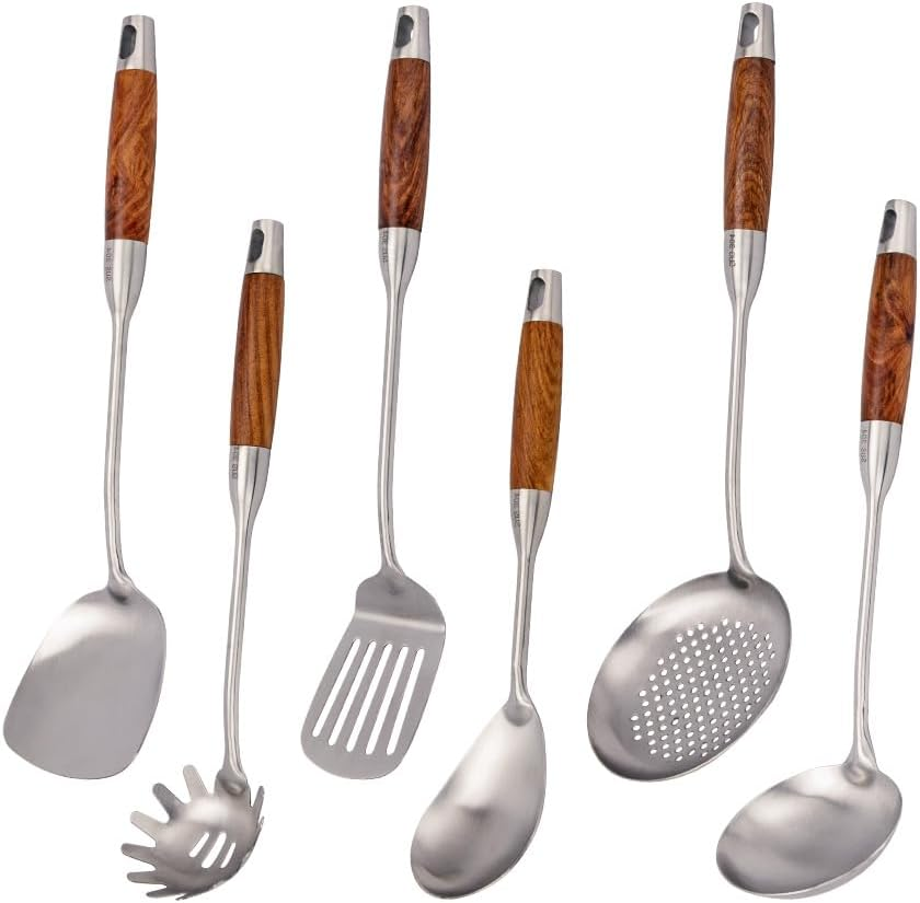 304 Stainless Steel Kitchen Utensils Set with Wood Handle, 6 PCS Metal Cooking U