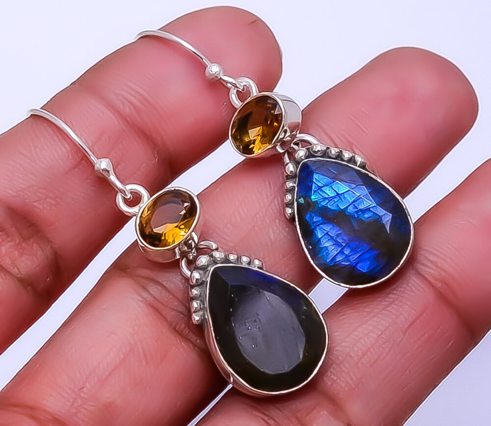 Labradorite - Madagascar & Smokey Designer 925 Sterling Silver Earring 1.72