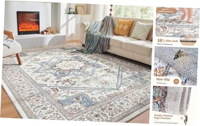 Soft Washable 9x12 Area Rug for Living Room with Non-Slip Backing
