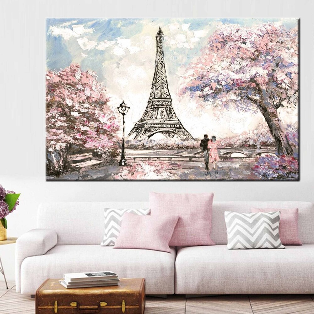 Eiffel And Couple Pink Leaves Painting Unframed Canvas Print Australian Wall Art
