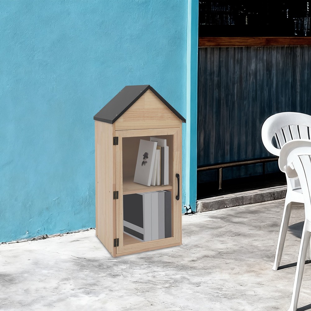 2-Tier Wooden Book Box Home Book Storage Box w/Door, Little Library Box Cabinet