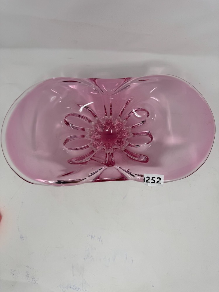 Vintage Pink Art Glass Console Bowl with Clear Pedestal Base, Mid-Century Elegan