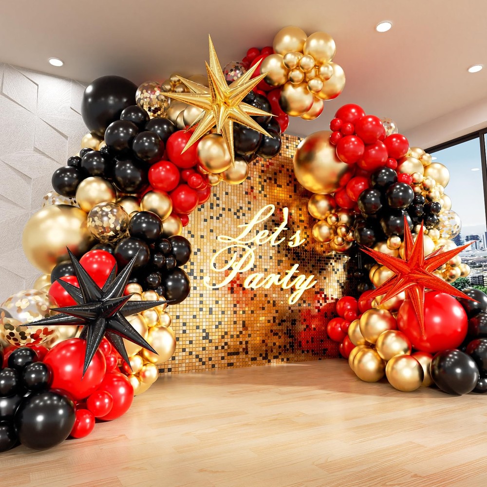 Red Black Gold Balloons Arch kit with 3pcs Star Balloons, Red Black and Gold ...