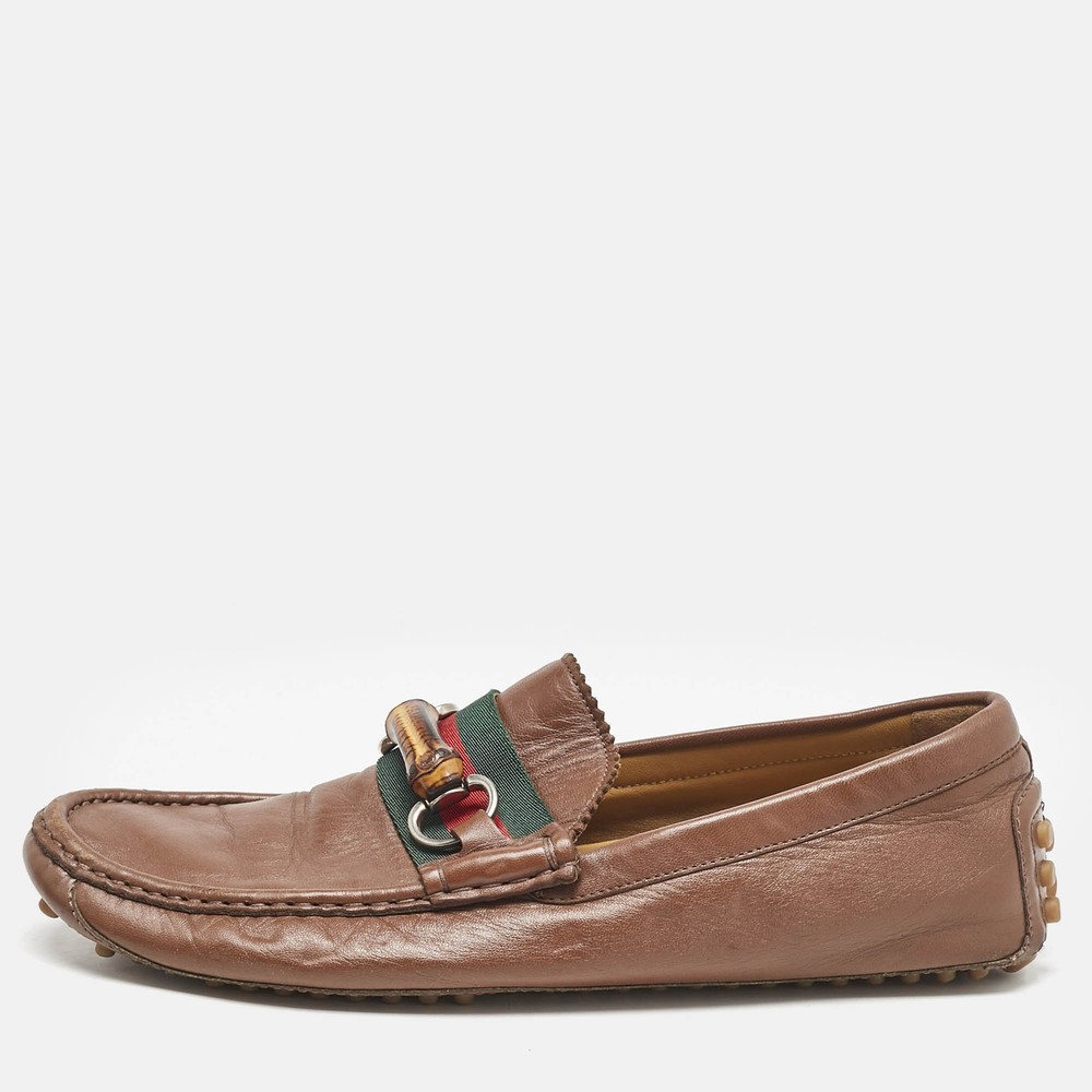 Gucci Brown Leather Bamboo Horsebit Loafers Size 42
