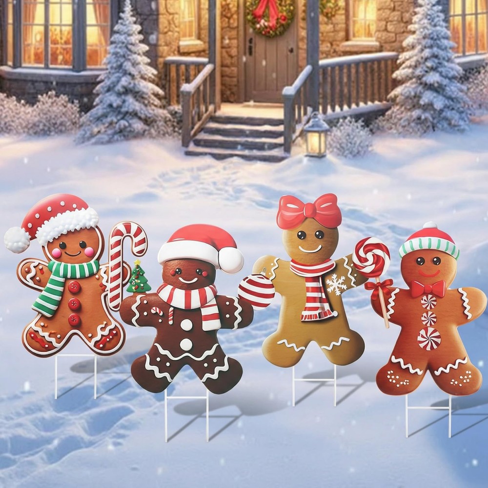4 Pack Christmas Metal Yard Stakes 15.75 Inch Gingerbread Man Yard Sign Stake...