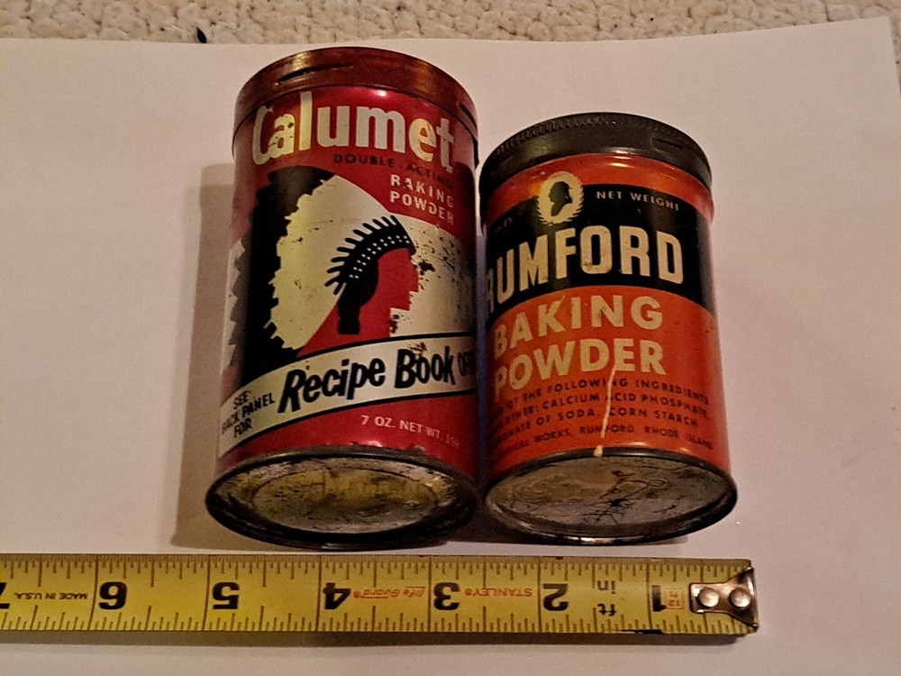 2 Vintage Calumet Indian Head Recipe 7 & 6 oz Rumford Baking Powder Tin Can Lid