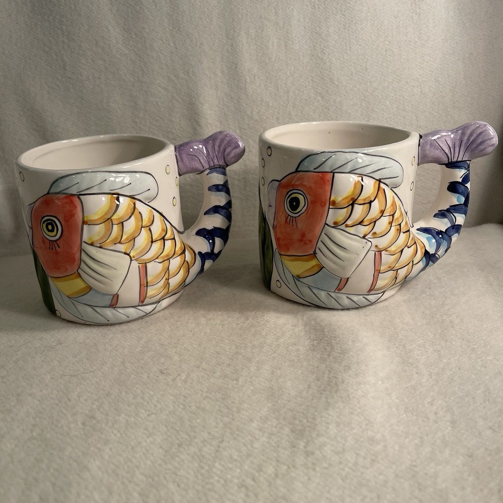 Tv Pescada Blue Trim Handpainted Dimensional Fish Mug 1995 Ceramic Set 2