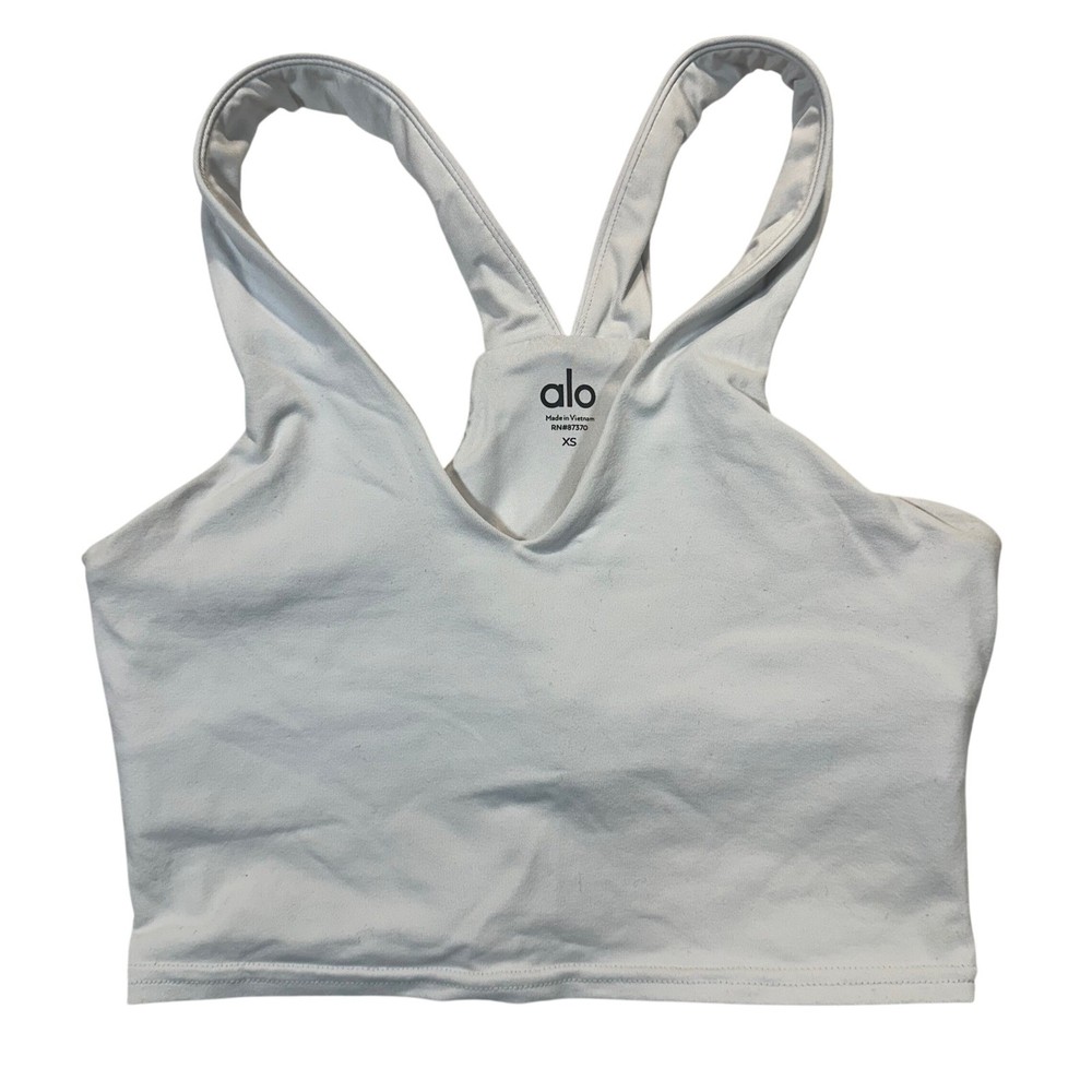 Alo Real Bra Tank Women XS Gray Cropped V-Neck Racerback Athleisure Yoga Top