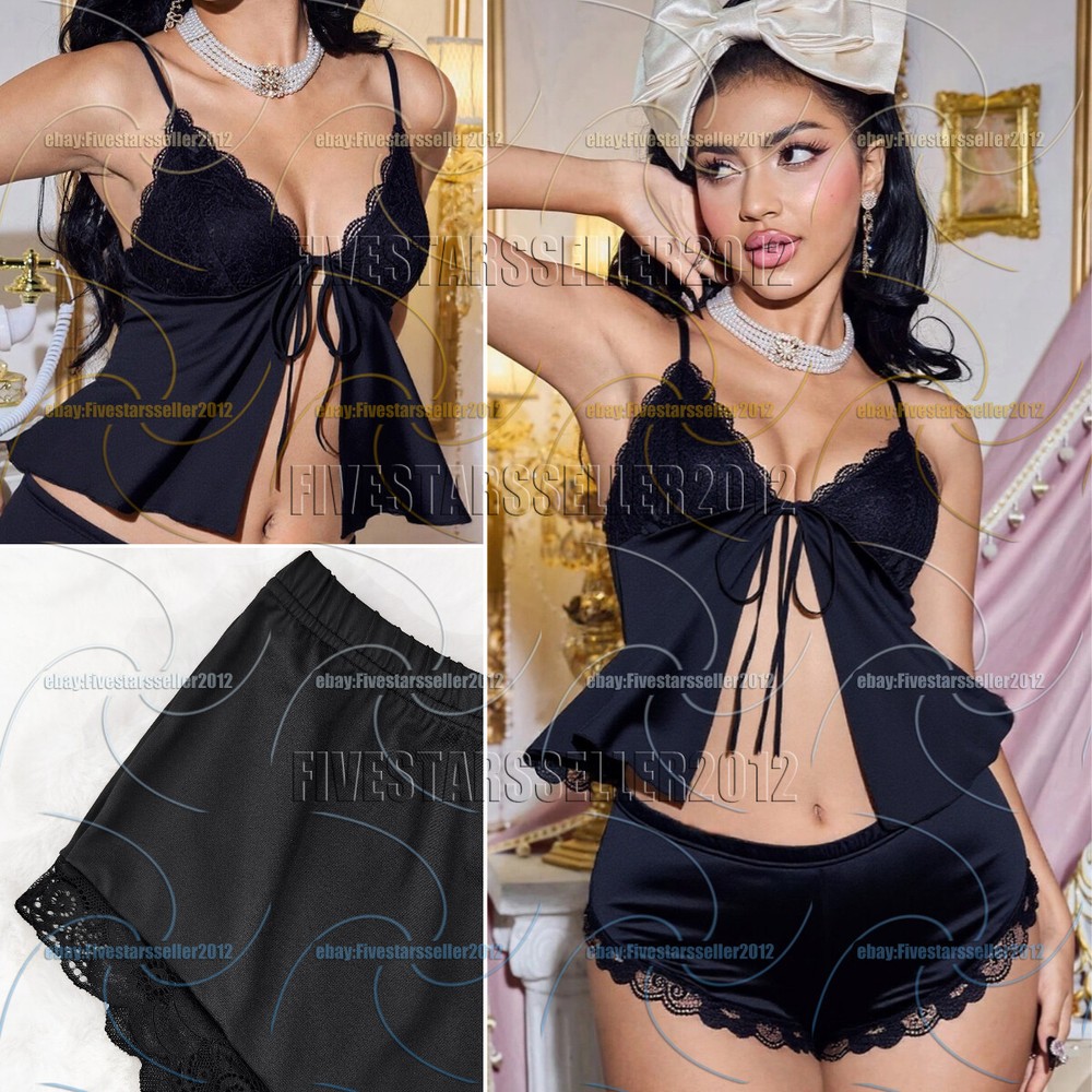 Women Sleepwear Silk Pajamas Set Lace Camisole Shorts Nightwear Sexy Lingerie US