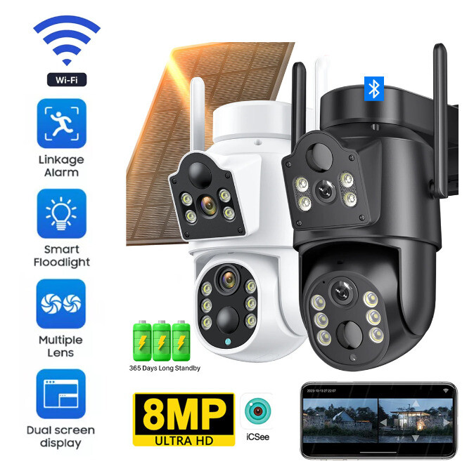 8MP Solar-Powered Dual Lens Outdoor PTZ IP Security Camera with WiFi and Wireless CCTV Monitoring