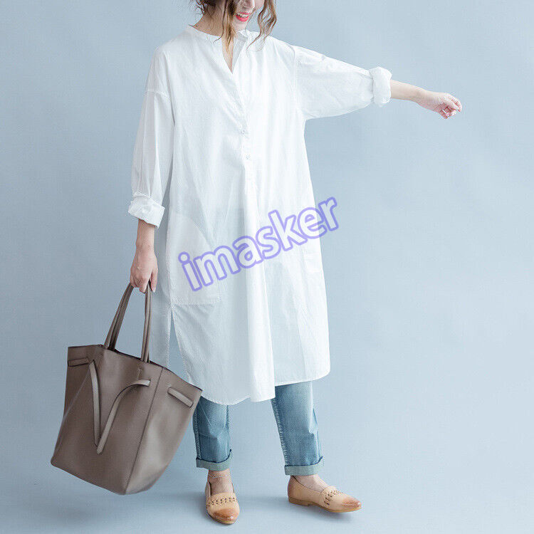 Korean New Women's Lapel Neck Side-slit Loose Blouse Dress Oversize Plain Shirt