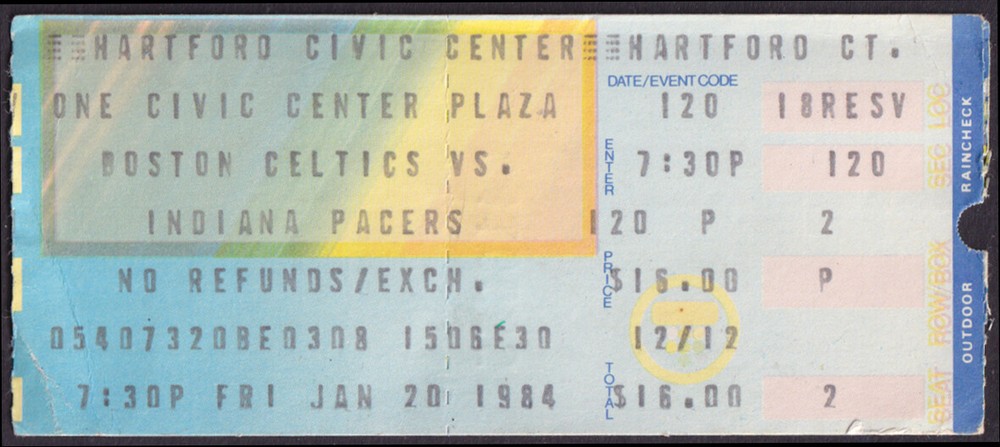 Indiana Pacers vs Boston Celtics Hartford Civic Center stub 1/20 1984