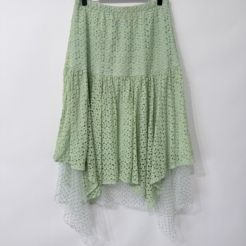 Textured Lace Fairy Handkerchief Skirt Size L Green Mesh Polka Dot Hem Cottage