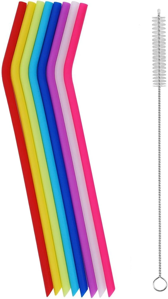8 Pack Reusable Regular Size Silicone Drinking Straws with 1 Cleaning Brushes, E