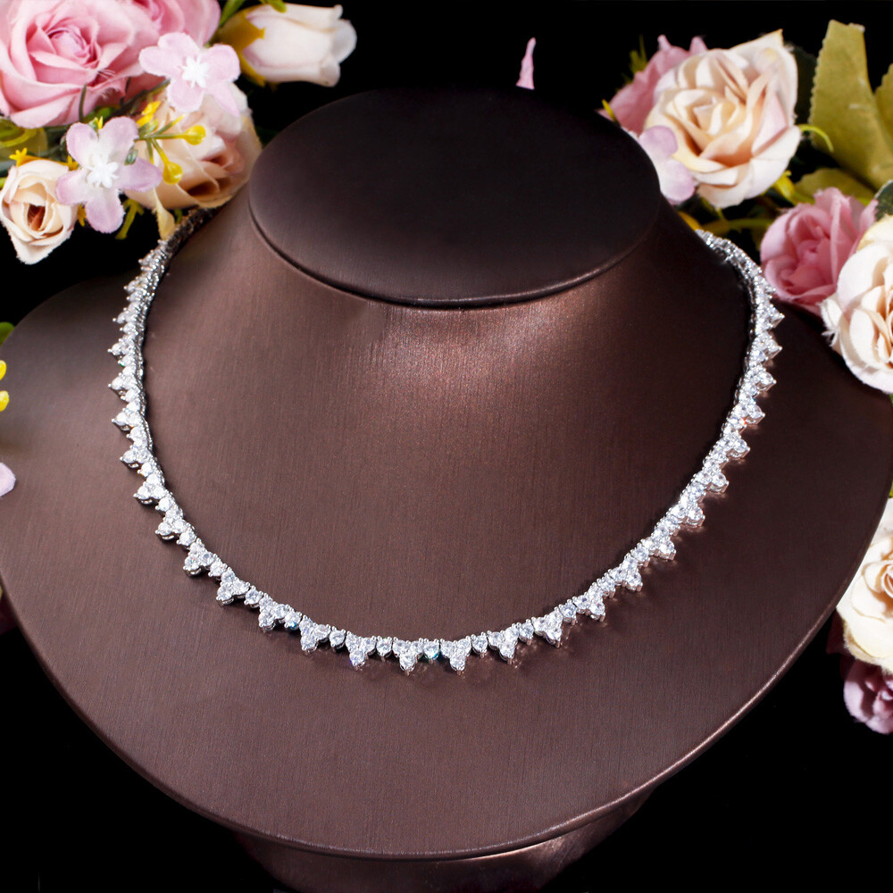 Silver Plated Cubic Zircon Triple Round Geometric Tennis Necklace for Bridal
