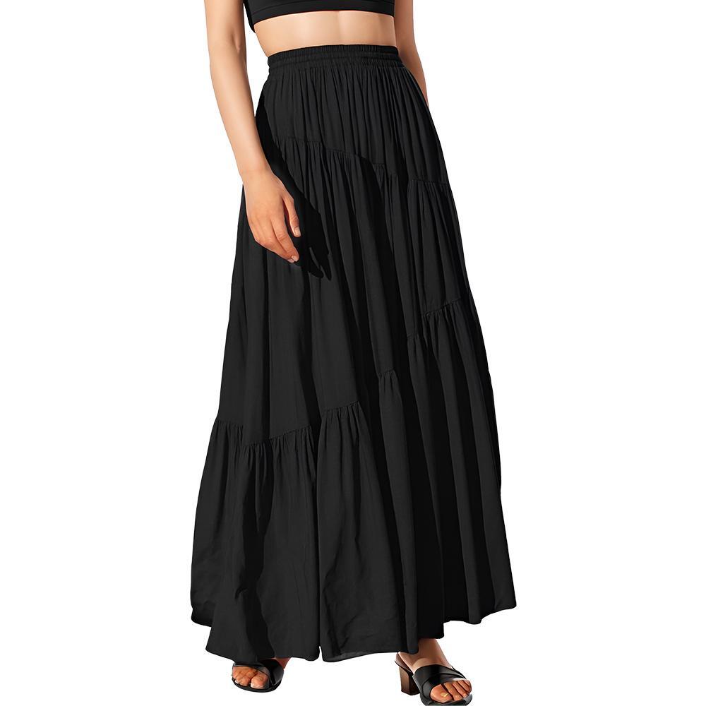 Women's Boho Elastic High Waist Pleated A-Line Long Skirt with Pockets NEW