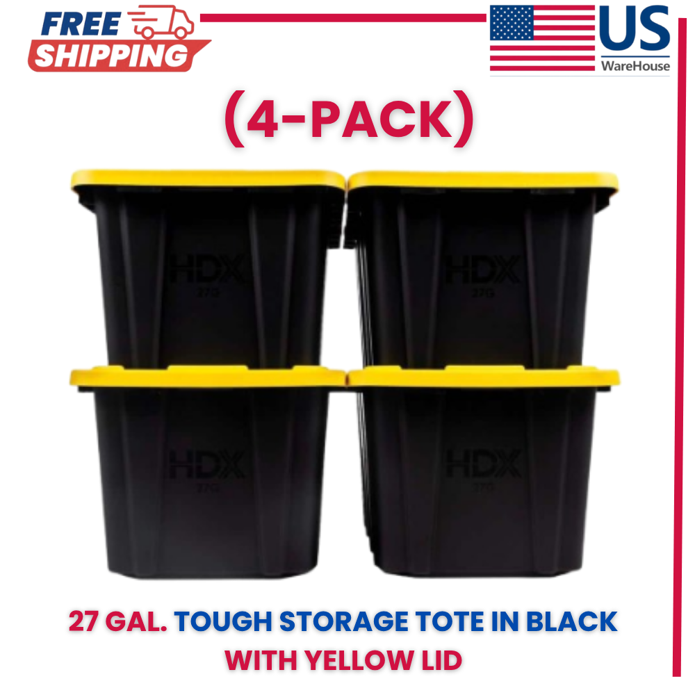 4-Pack 27 Gal Heavy-Duty Black Storage Totes with Yellow Lids