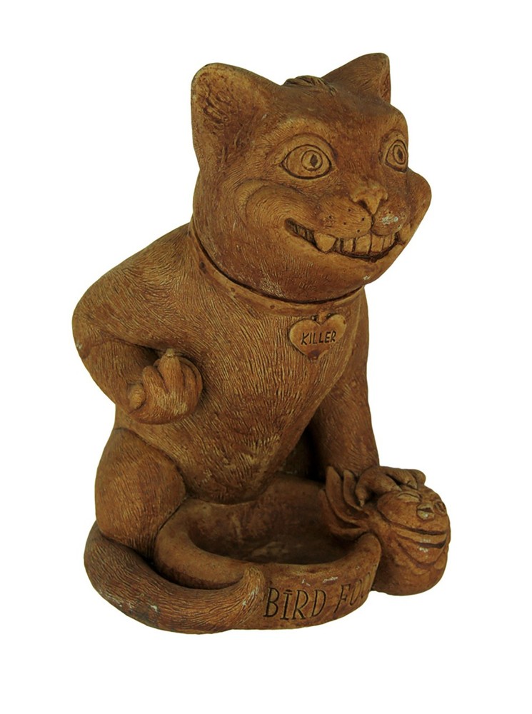 DESIGNER Stone Rude Killer Kitten Rustic Brown Concrete Bird Feeder Statue  