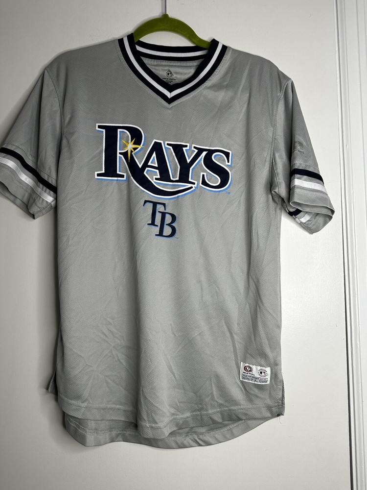 Tampa Bay Rays Jersey Shirt Grey V Neck.  True Fan. Medium. Short Sleeve. Logo.