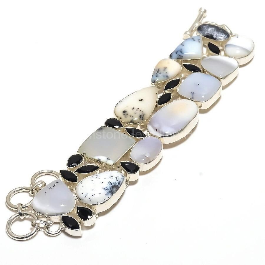 Cyber Monday Sale Dendrite Opal Gemstone Black Onyx Chain Bracelet 925 Silver-image