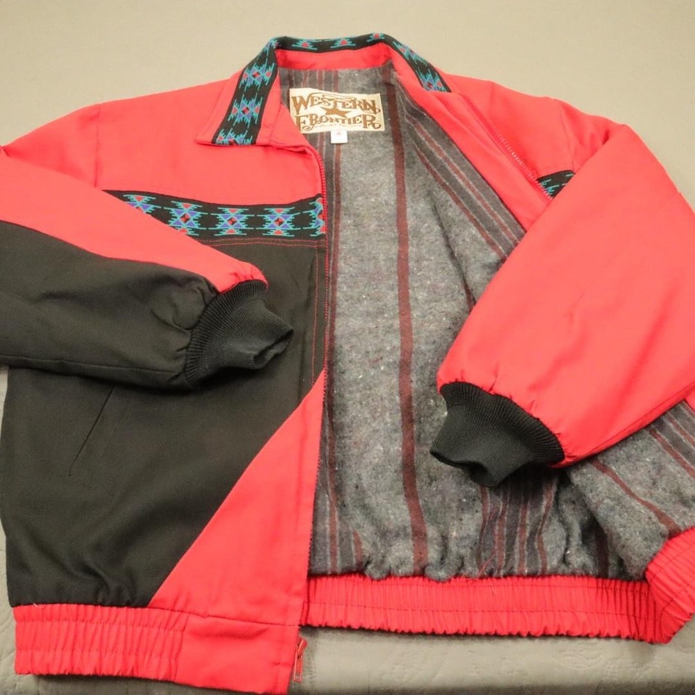 VTG Western Frontier Jacket Mens Red Wool Aztec Blanket Lined Bomber Western 90s