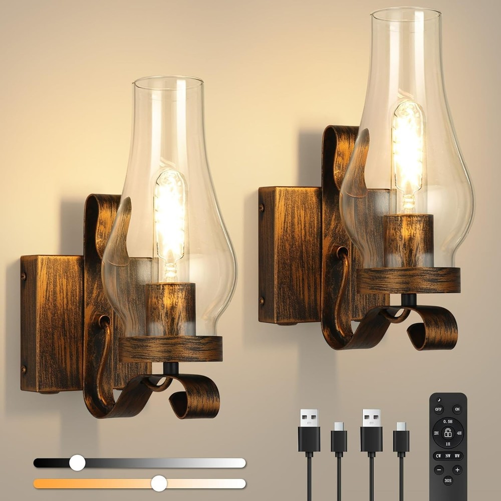 Rustic Battery Operated Wall Sconces with Remote, Set of 2 Vintage Lamps
