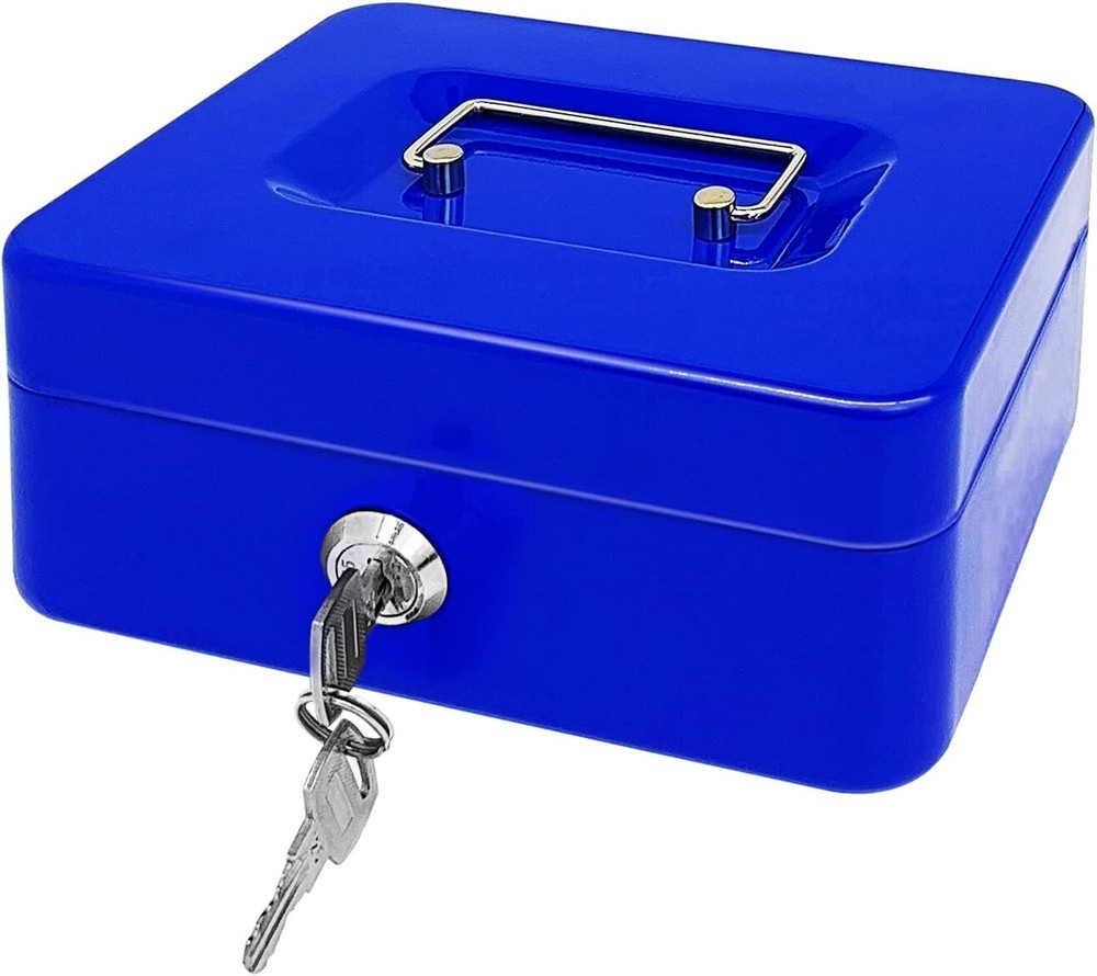 Compact Blue Steel Cash Box with Key Lock, 7.8 x 6.3 x 3.3 Inches