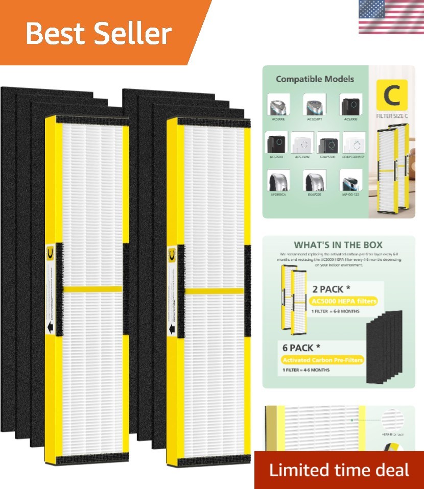 2 Pack HEPA Filter C & 6 Pack Activated Carbon Filters for Air Purifiers