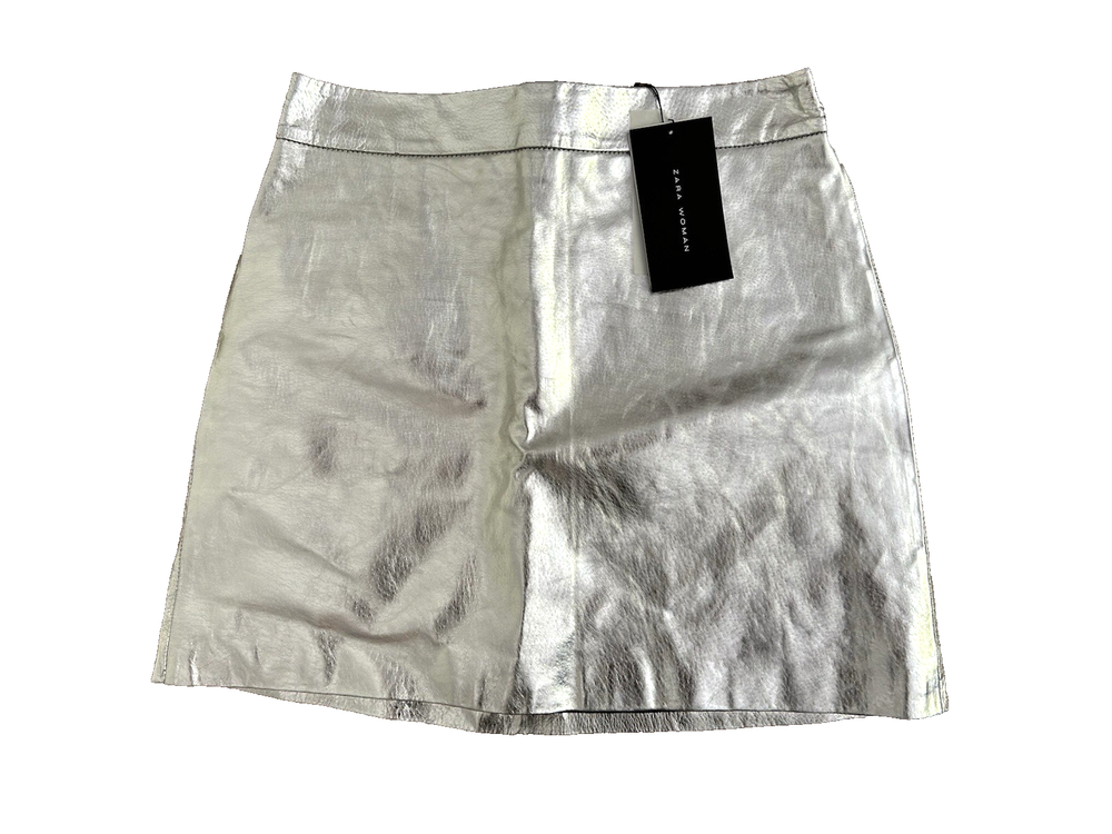 ZARA Silver Metallic Leather Mini Skirt UK 8-10 US 4-6 BNWT Party Festival Wear