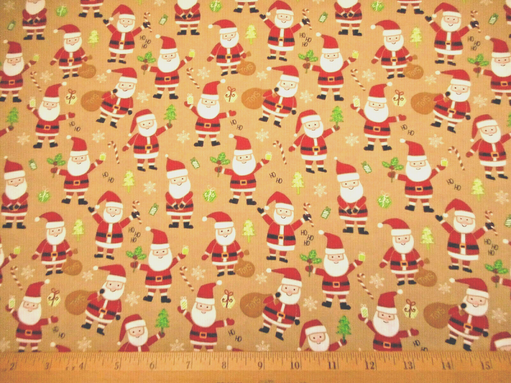 Christmas Fabric By Yard Santa Trees Candy Cane Gift Ho Ho Ho on Tan Cotton #47