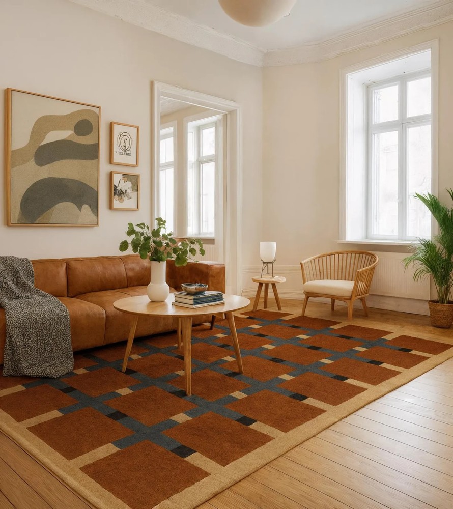 New Hand Tufted  Wool Rug, Brown Grid Checkered Carpet, Mid Century Modern