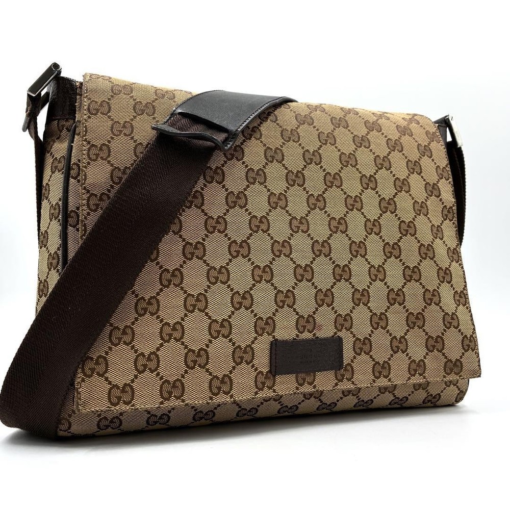 Gucci GG Canvas Flap Shoulder Bag with Leather Logo Plate Pre-Owned