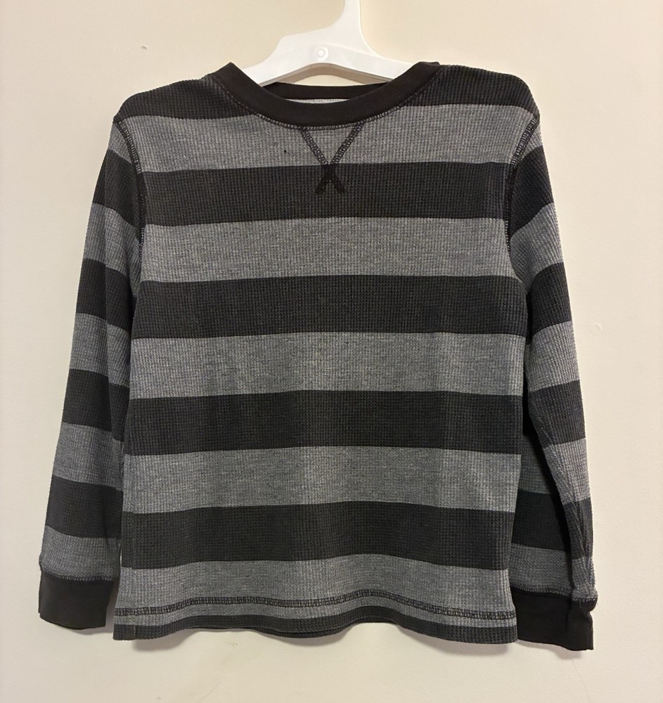 Old Navy Kid Boy Striped Cotton Blend Thermal Crewneck Long Sleeve Shirt Gray XS
