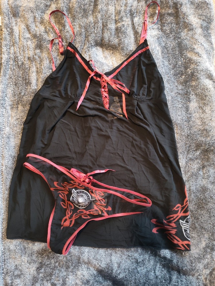 Harley Davidson Babydoll Black Maroon Sheer  Lingerie Slip Dress W/ Thong Y2K M