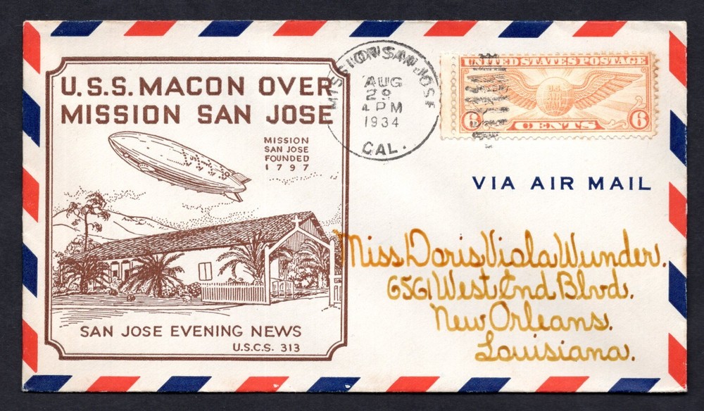 US 1934 USS MACON ZEPPELIN FLIGHT MISSION SAN JOSE DATED CANCEL TO NEW ORLEANS