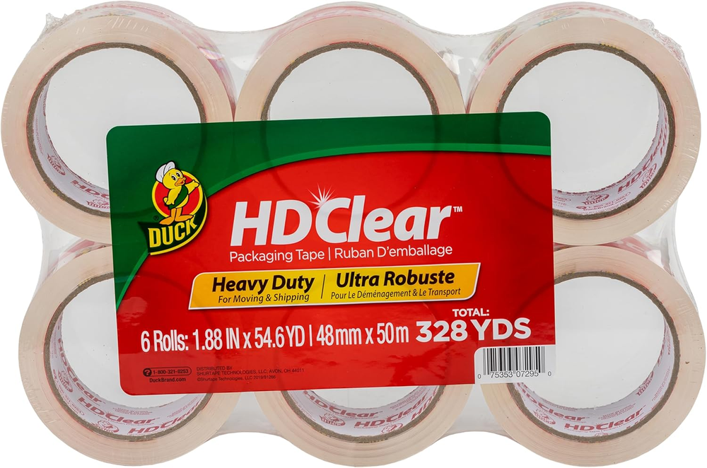 Duck HD Clear Packing Tape -6 Rolls, 328 Yards Heavy Duty Packaging for Shipping