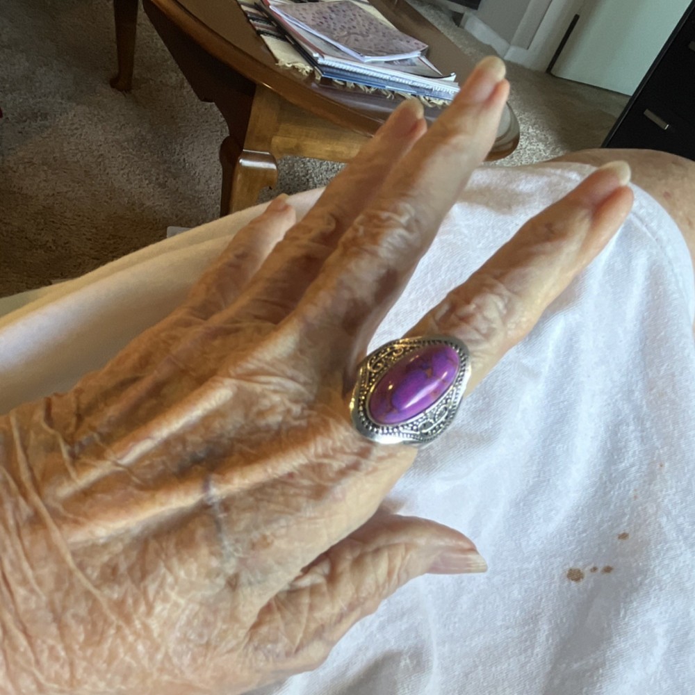 Silver Tone Cocktail Ring with Oval Purple Stone, Statement Jewelry